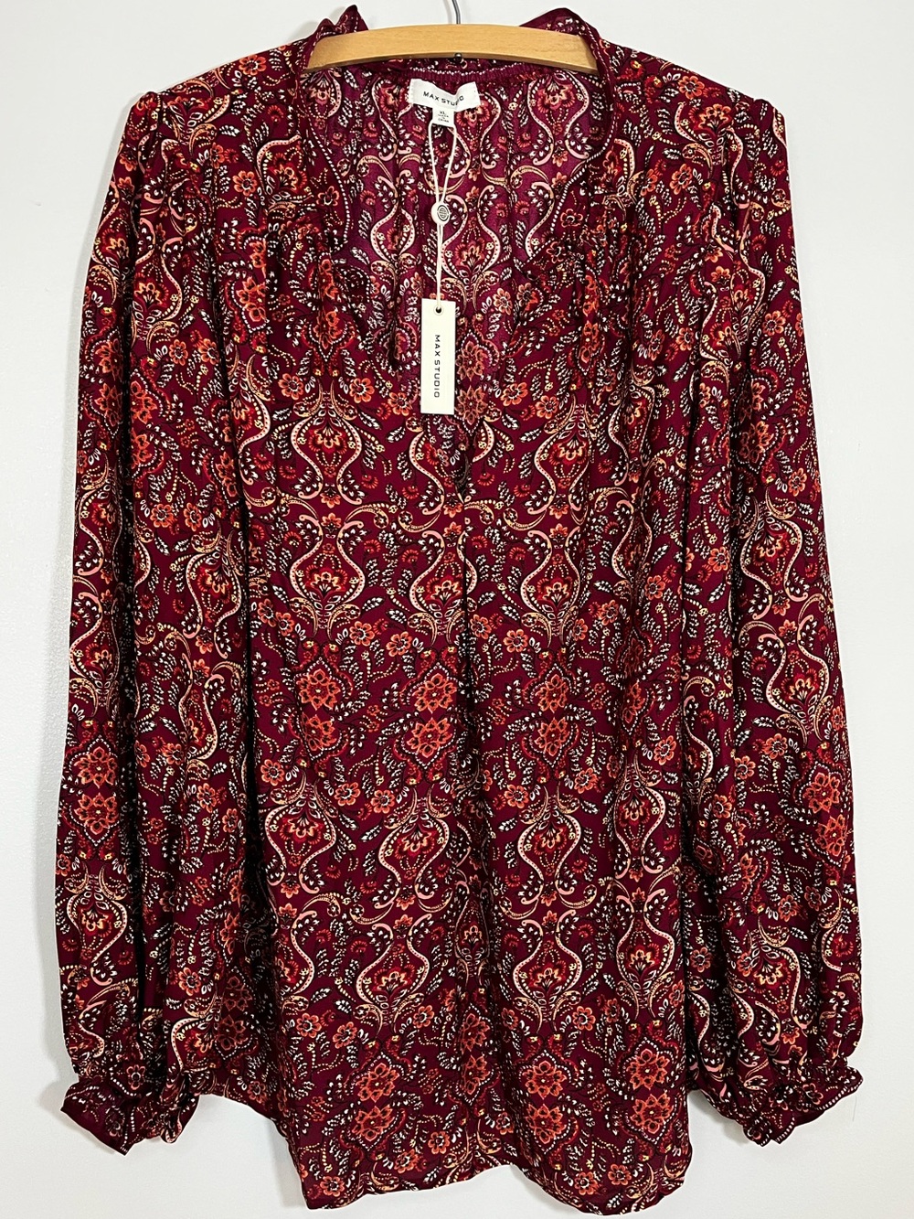 Max Studio Burgundy Boho Paisley Long Sleeve Blouse Top Women’s XL New
